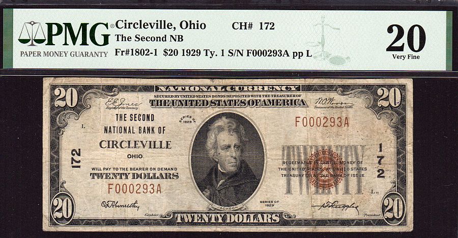 Circleville, Ohio, Ch. #172, 2nd NB, 1929T1 $20, F000293A, Very Fine, PMG-20